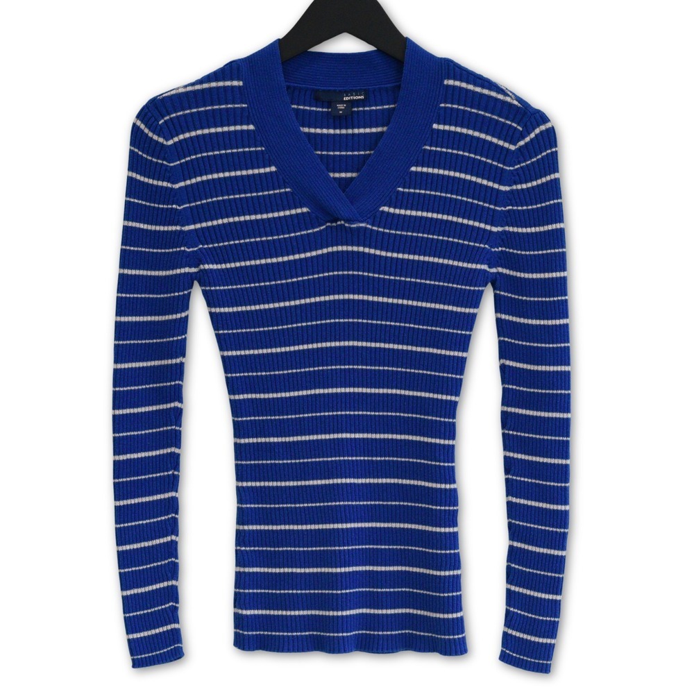 Basic Editions‎ Blue White Stripe V Neck Ribbed Knit Sweater Womens Size M